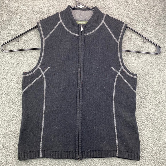 Eddie Bauer Womens Vest XL Black Lambswool Blend Full Zip Sleeveless Sweater - Picture 1 of 7